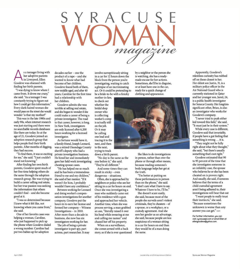 Ellen Cheevers, Owner of Witness Investigations, featured in Syracuse Woman Magazine April 2021 Edition.